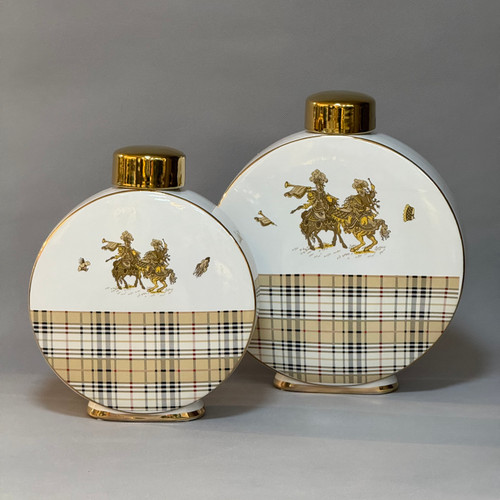 جار دکوری گرد طلاکوب طرح بربری Burberry ۲۲۲۲